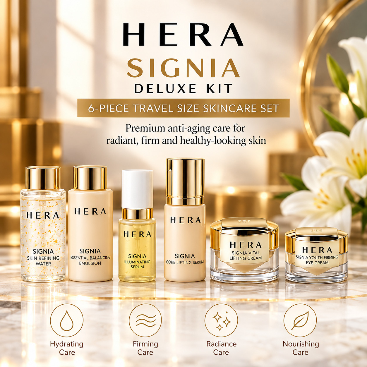 HERA Signia 6pc Deluxe Travel Skincare Kit Water Serum Emulsion Cream K-Beauty
