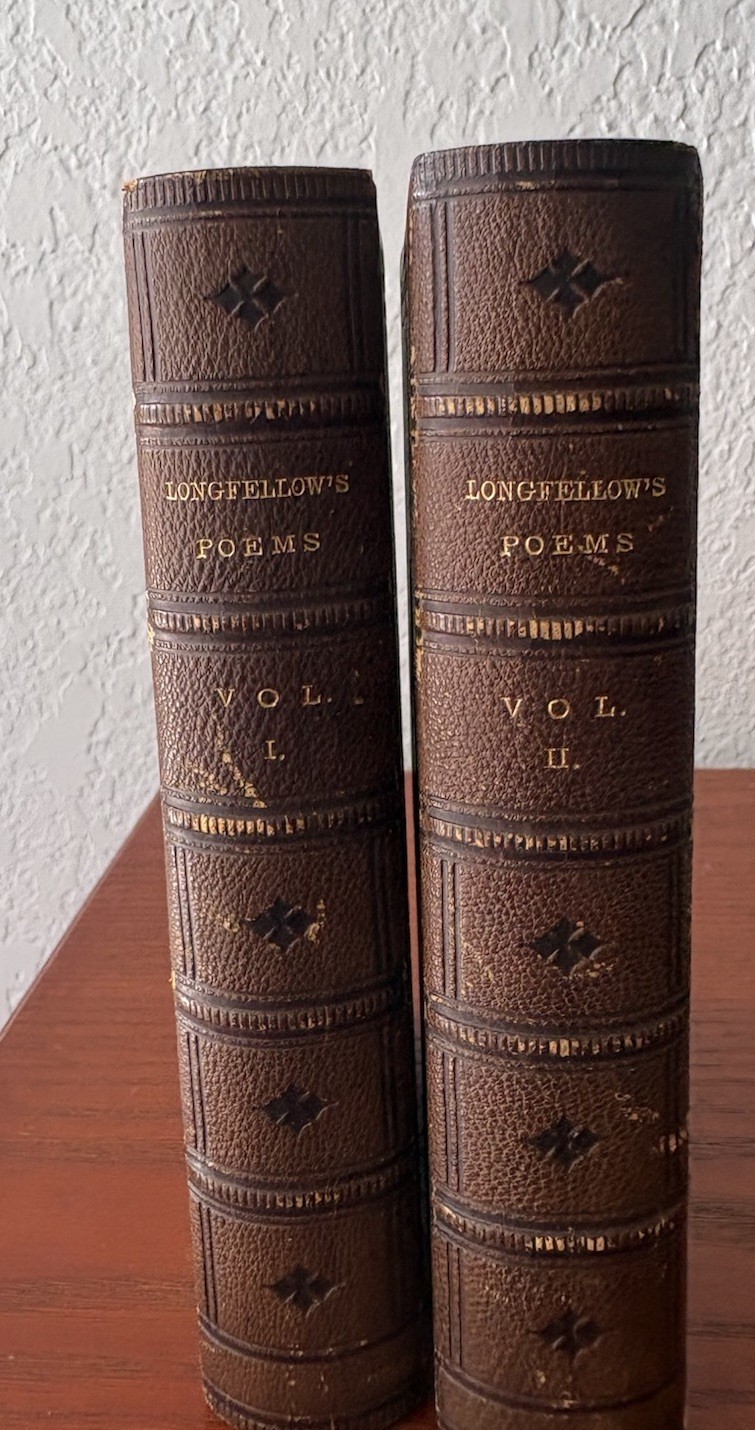 Longfellow’s Poems Complete 2 Vol Set (1867) Leather Bound Marbled Ends