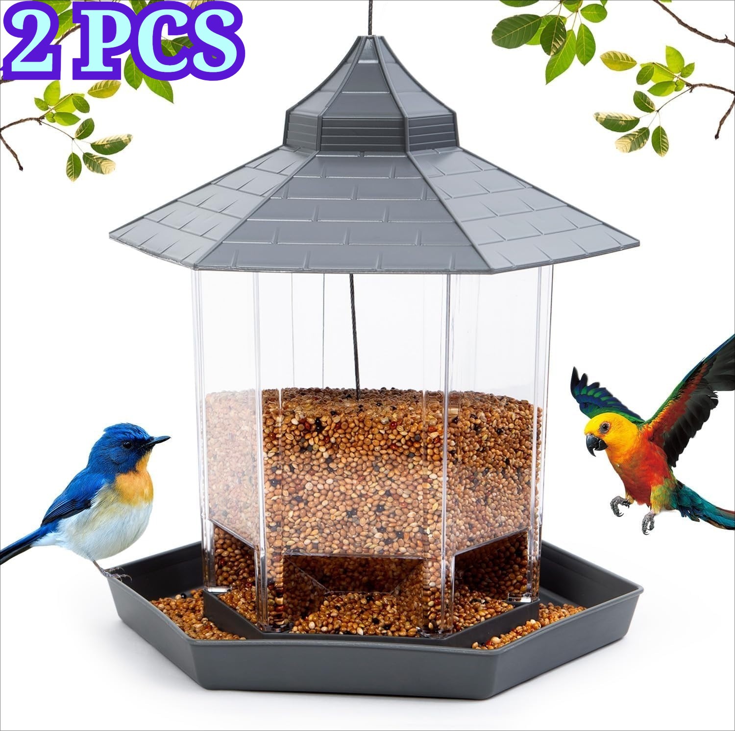 2x Hexagon House Bird Feeder - Squirrel Proof&1000ml Capacity Outdoor Hanging