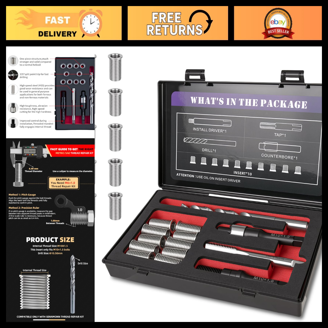 M10x1.5 Thread Repair Kit - 10PCS Stainless Steel Inserts, HSS Drill & Tap Set