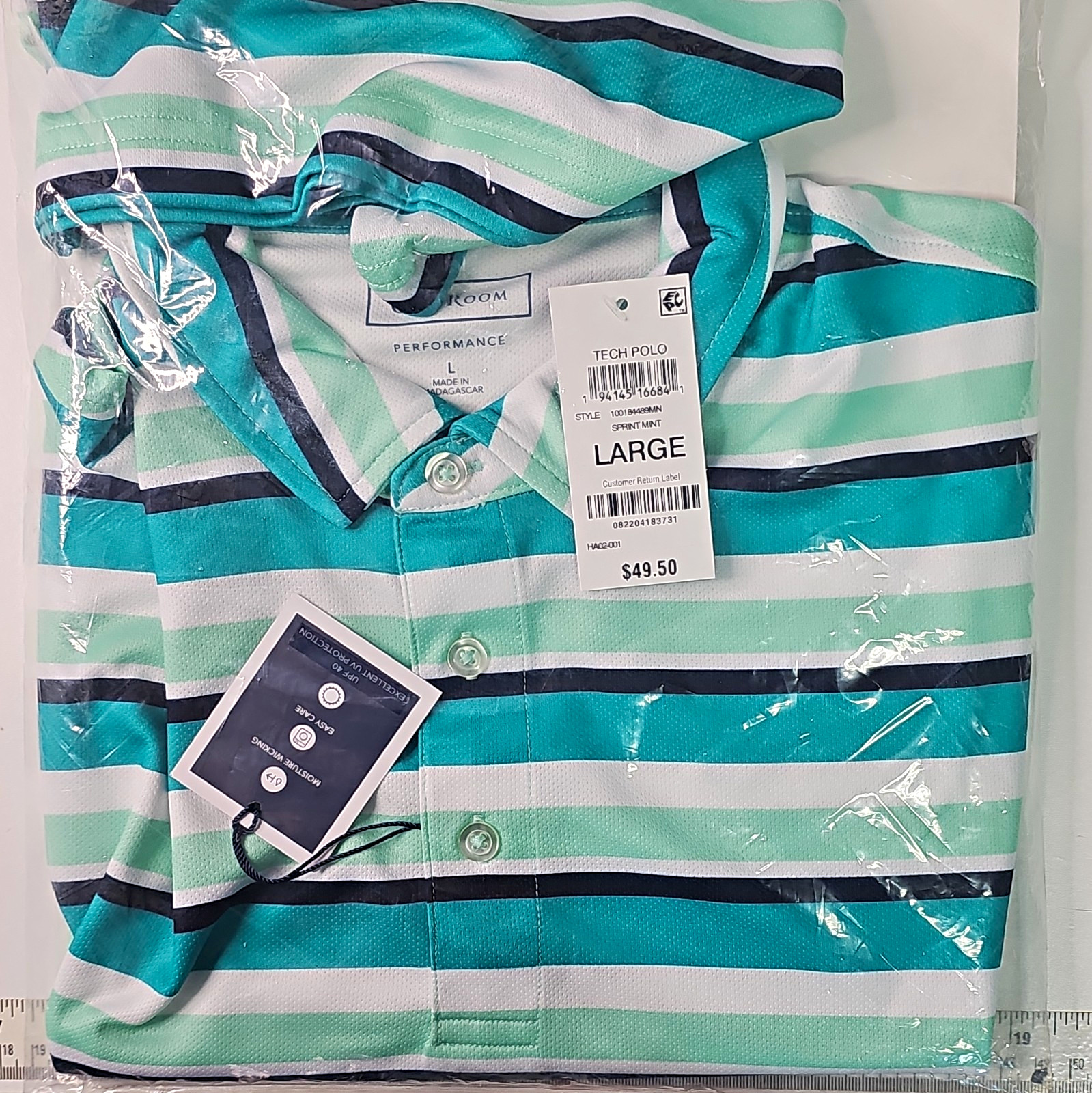 Club Room Mens Polo Shirt L Teal Mint Green White Navy Striped Short Sleeve
