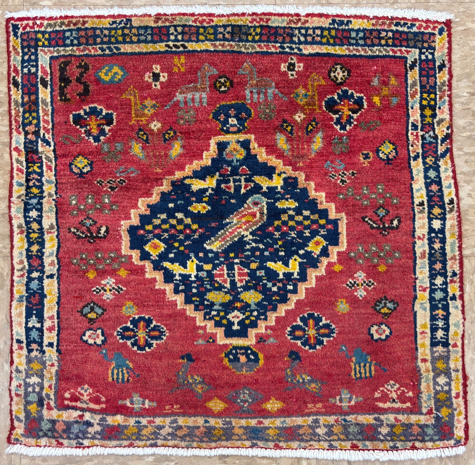 Vintage Qashqai 2x2 Pictorial Birds Tribal Geometric Hand Knotted Wool Rug Boho