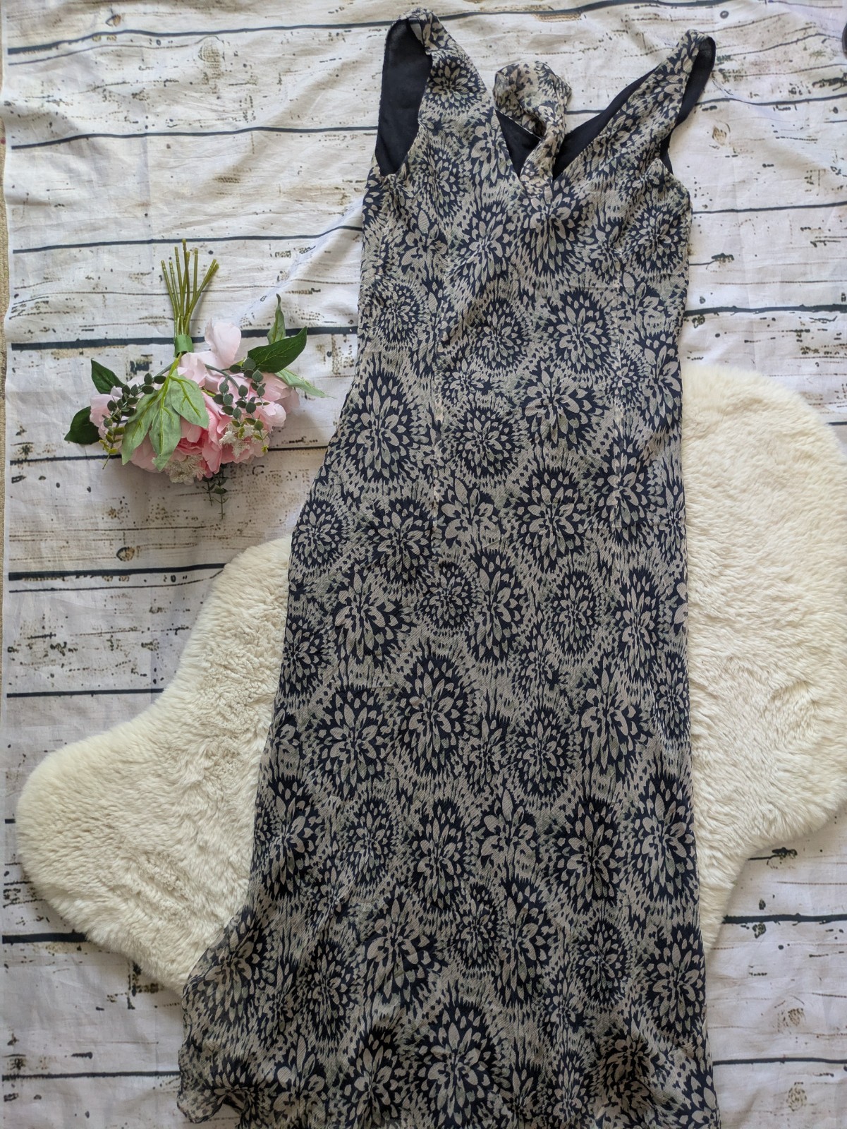 100% silk vintage Planet abstract floral chiffon midi dress 12 y2k whimsigoth