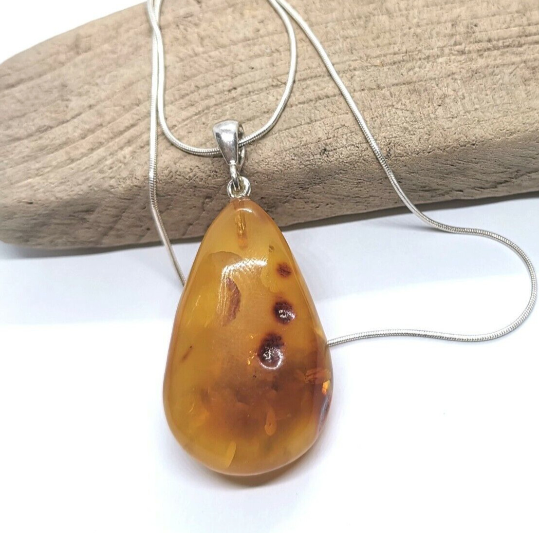 Old Natural Amber Stone Pendant On Sterling Silver 925 Chain Antique Vintage