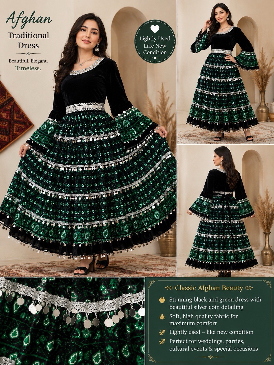 Beautiful Afghan traditional women’s dress in black and emerald green