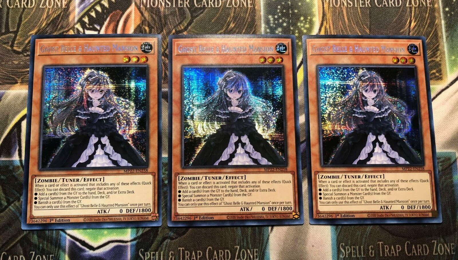 * 3X GHOST BELLE & HAUNTED MANSION 3X * PRISMATIC SECRET RARE MP22-EN258 YUGIOH