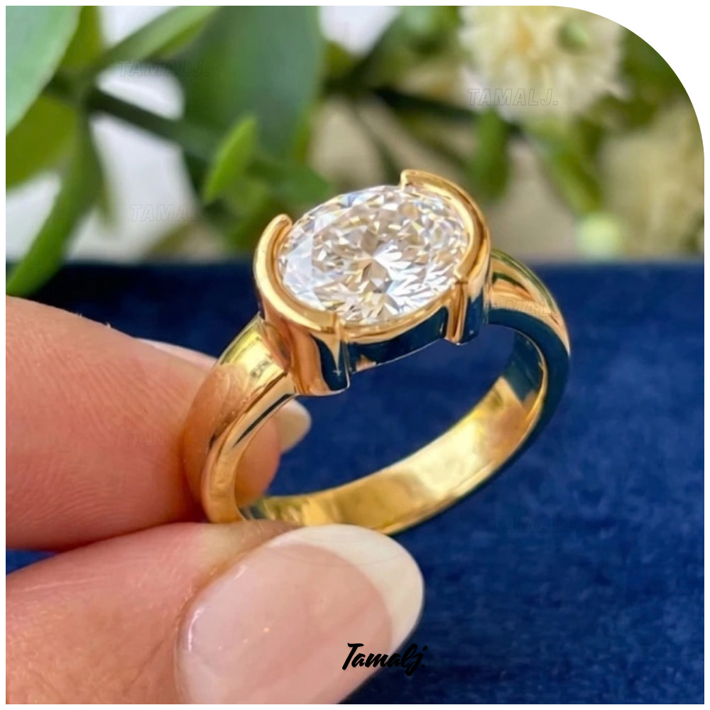 3 Ct Oval Cut Moissanite Half Bezel Set Engagement Ring 14k Yellow Gold Plated