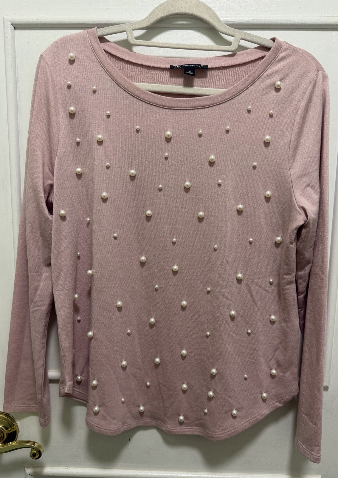INC International Concepts Pullover Top Blouse Sz M Pink Mauve Pearl Long Sleeve