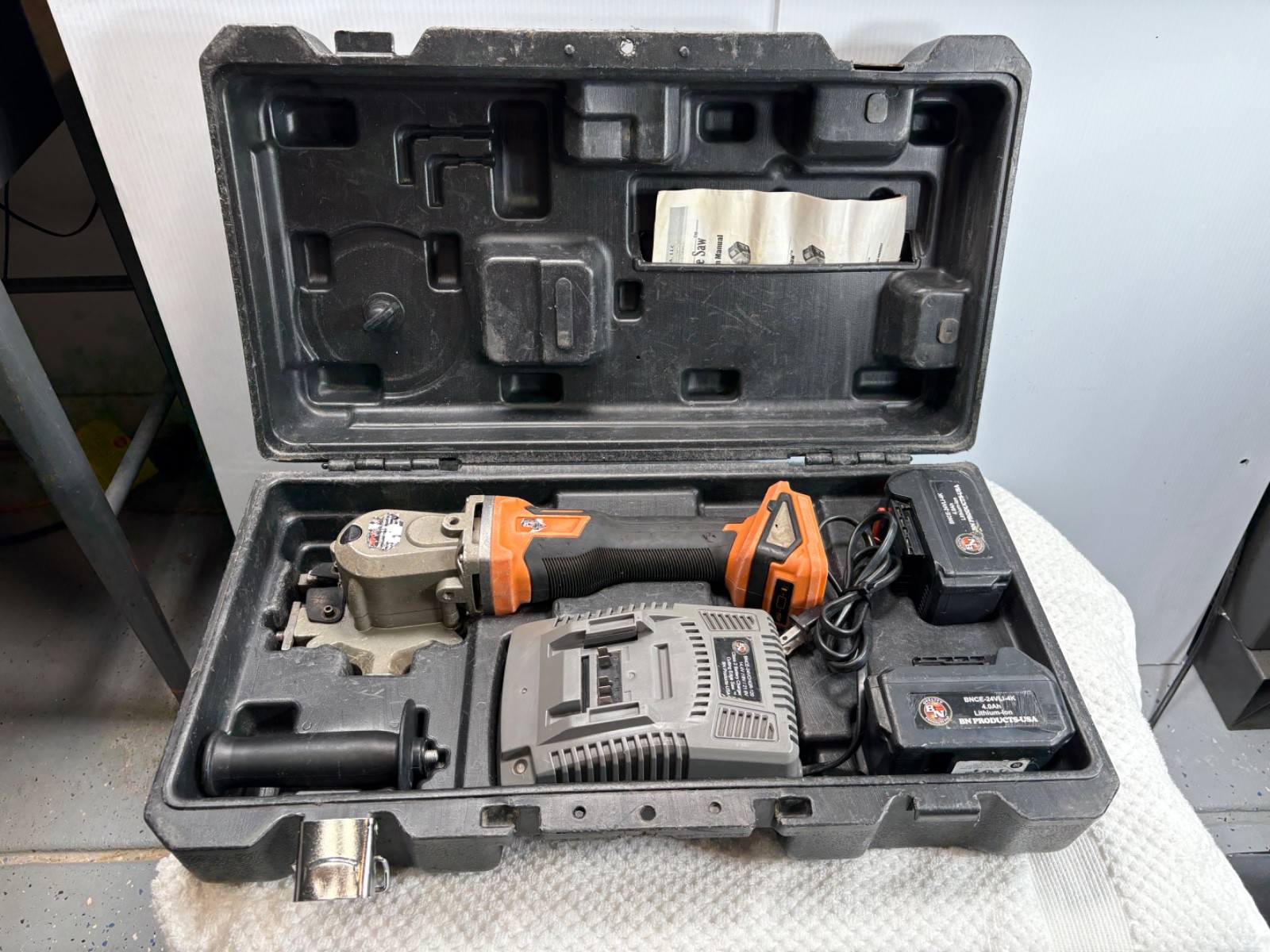 BN PRODUCTS USA BNCE-20-24V Cordless Rebar Cutter, 2 Batteries, charger, case.