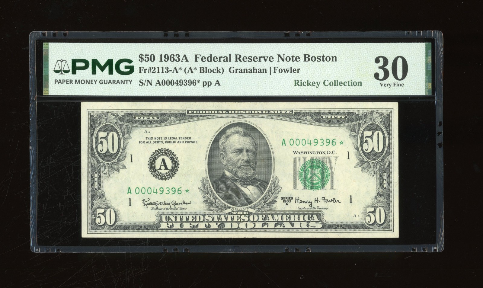 DBR 1963-A $50 FRN Boston STAR Fr. 2113-A* PMG 30 Serial A00049396*