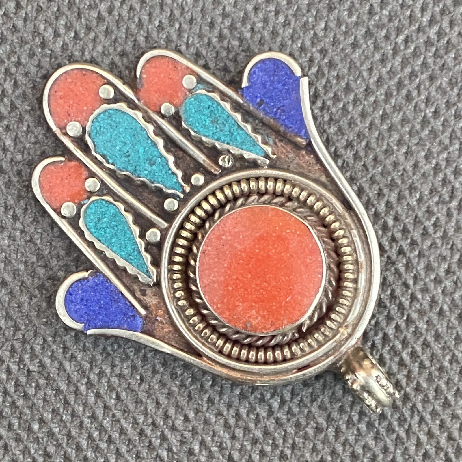 Ancient Silver Hand Of Fatima Khamsa Moroccan Talisman Colored