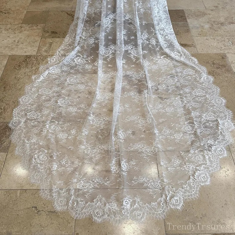 Vintage French Chantilly Lace Eyelash Mantilla Bridal Veil With Comb Handmade