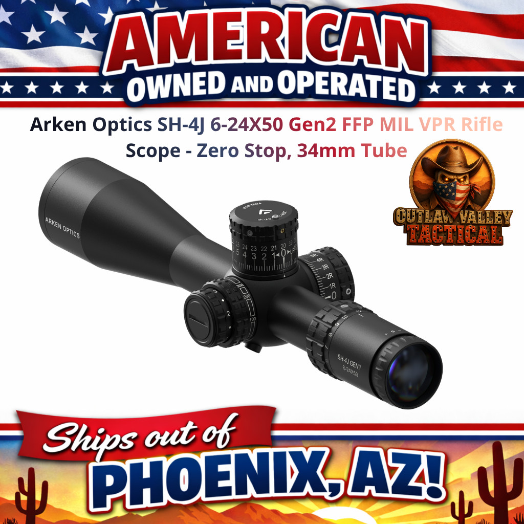 Arken Optics SH-4J 6-24X50 Gen2 FFP MIL VPR Rifle Scope - Zero Stop, 34mm Tube