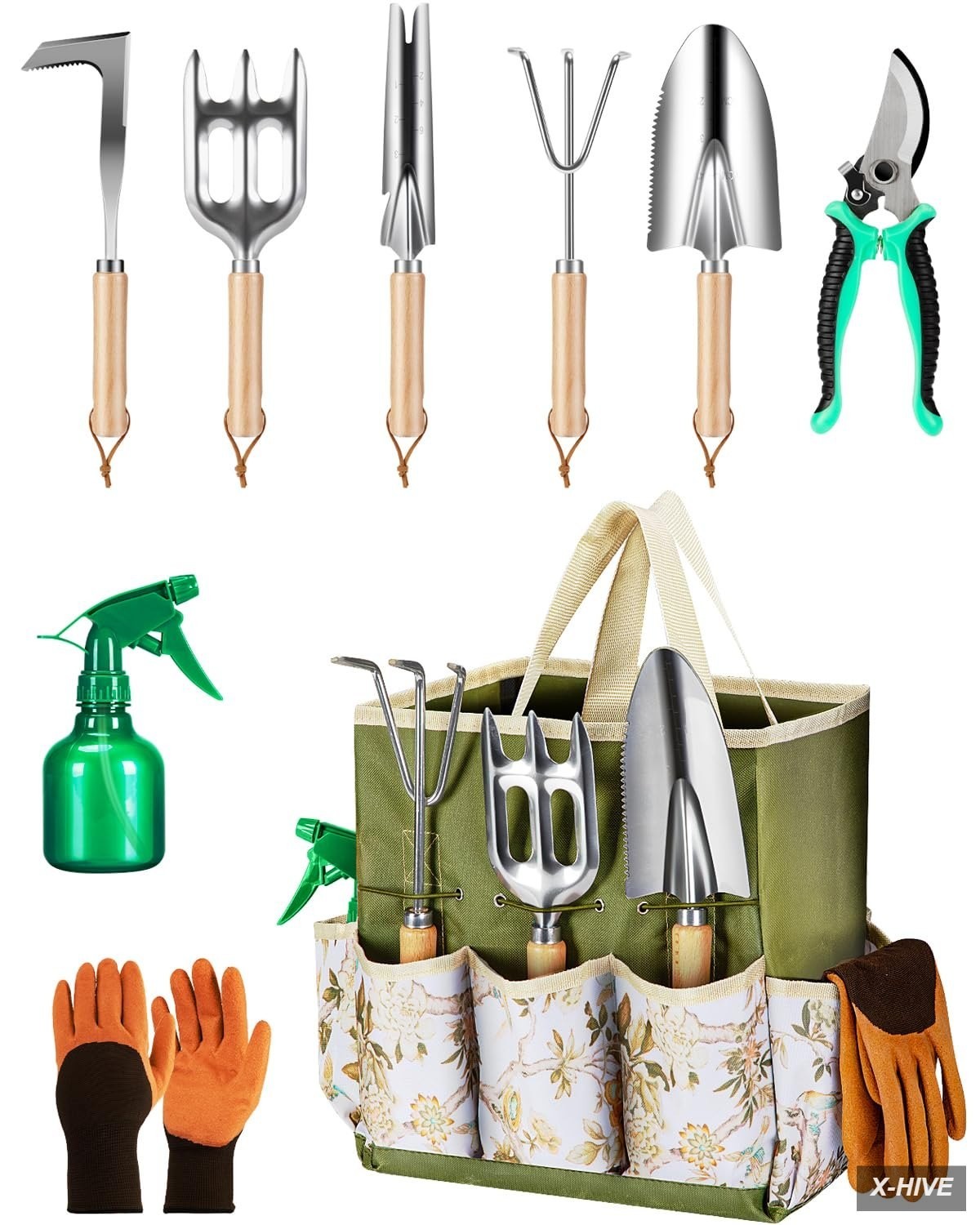 9-Piece Heavy Duty Gardening Tool Set - Stainless Steel Rust-Proof Tools & Tote