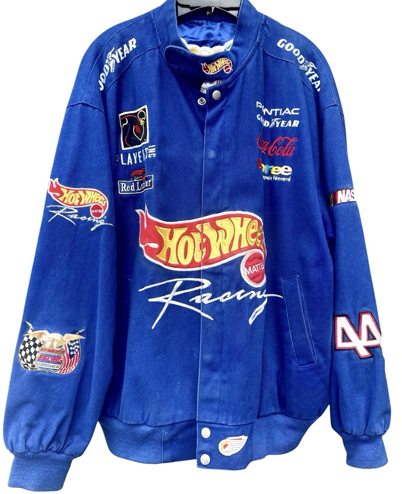 Vintage Hot Wheels Nascar Jacket Mens XL Blue 90s Jeff Hamilton Satin Lined