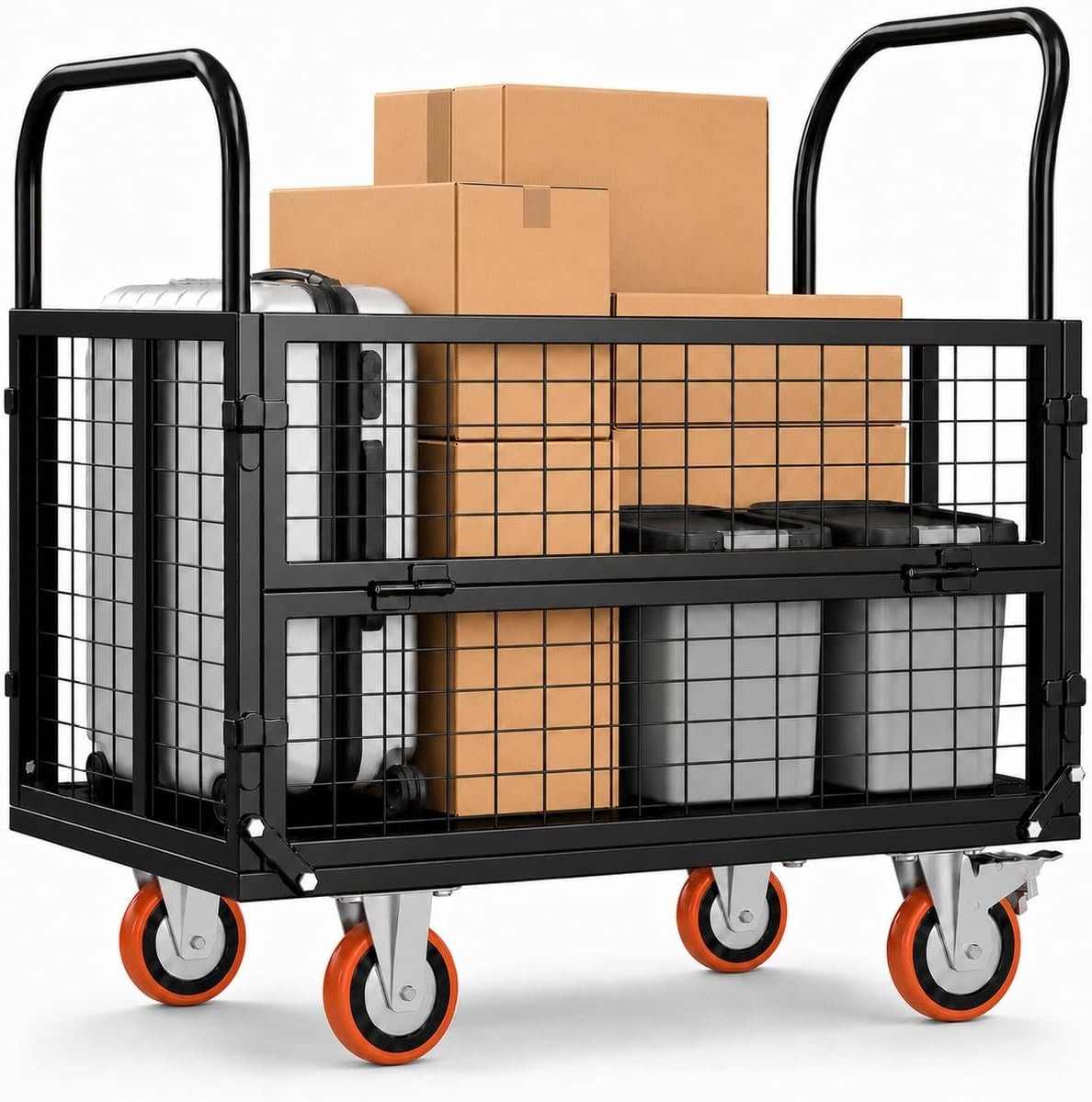6-in-1 Folding Platform Truck Cart with Cage, 2000 lb, Black Alloy Steel 6-in-1 Folding Platform Truck Cart with Cage, 2000 lb, Black Alloy Steel