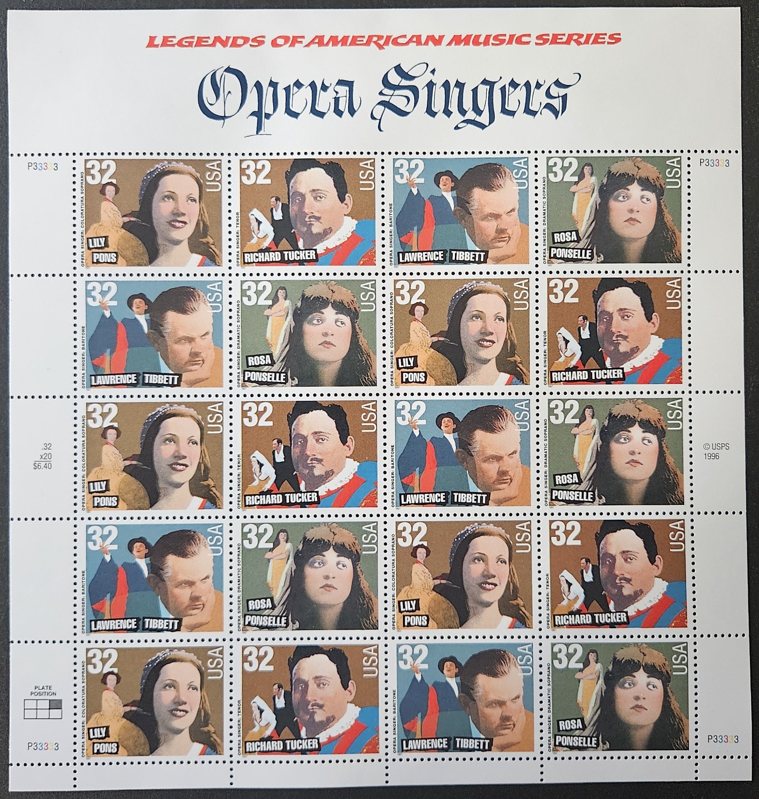 US Scott # 3154 - 3157 - Opera Singers - Sheet of 20 Stamps - MNH
