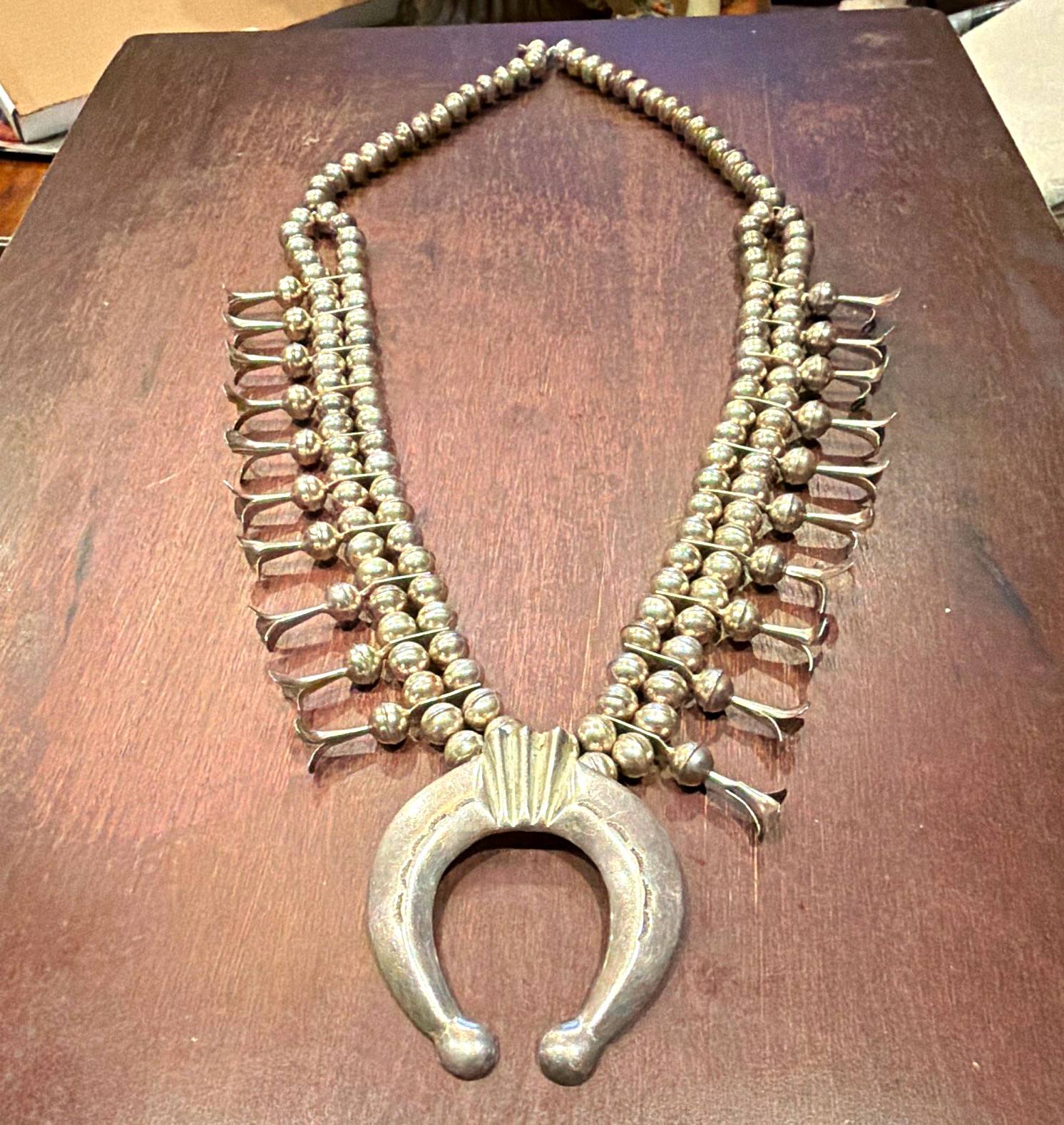Silver Beaded Vintage Native America Squash Blossom Necklace