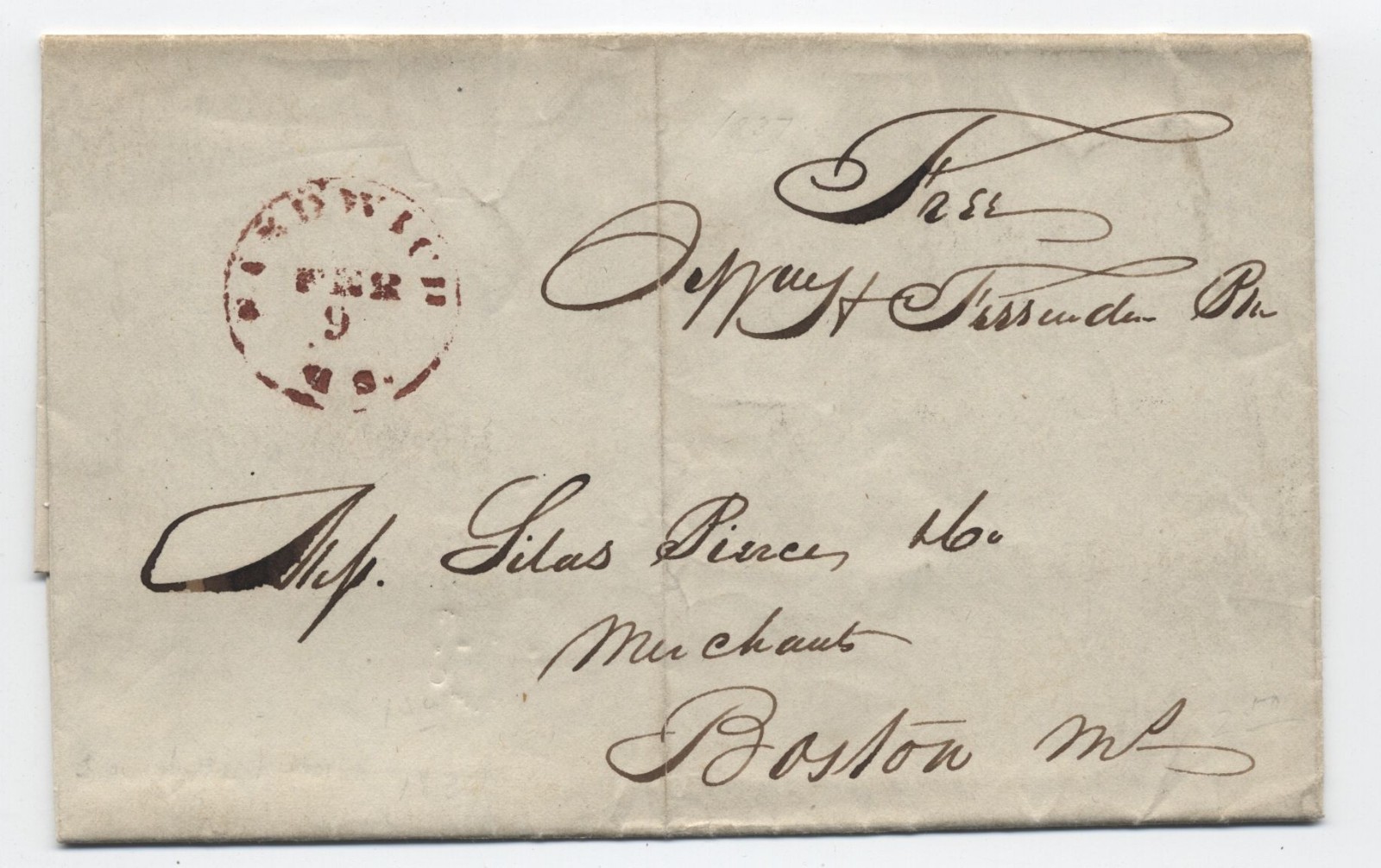 1837 Sandwich MA stampless folded letter postmaster free frank [h.7927]