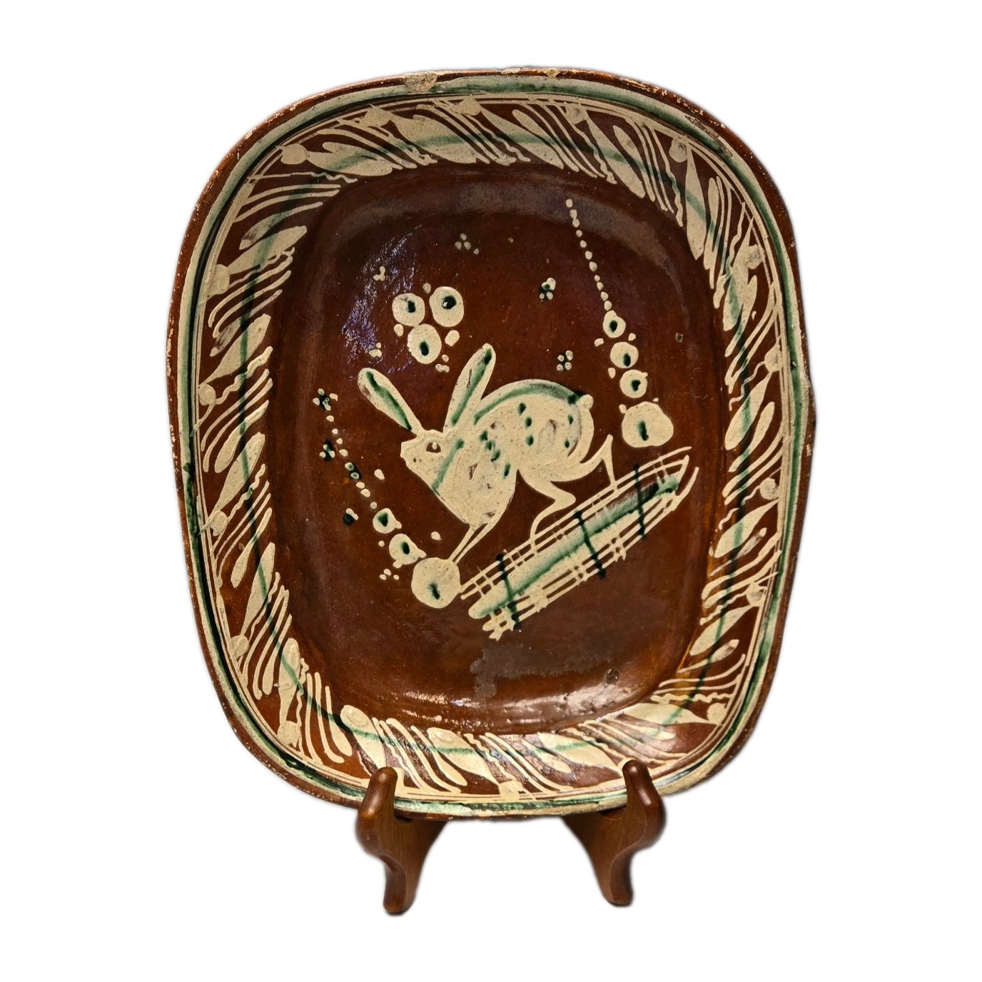 Vintage Mexican Bandera Redware rectangular Platter Tlaquepaque Pottery Conejos 