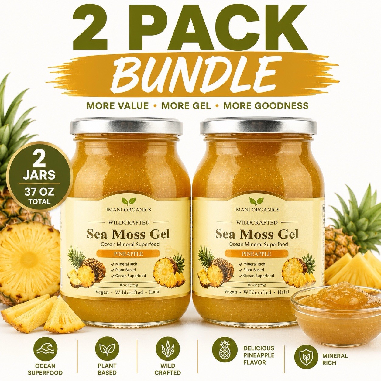 2-PACK IMANI ORGANICS Wildcrafted Irish Sea Moss Gel | Pineapple Flavor 18.5OZ