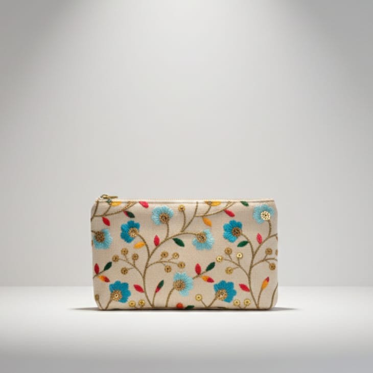 Handcrafted Floral Embroidered Zipper Pouch | Ethnic Makeup & Travel Bag