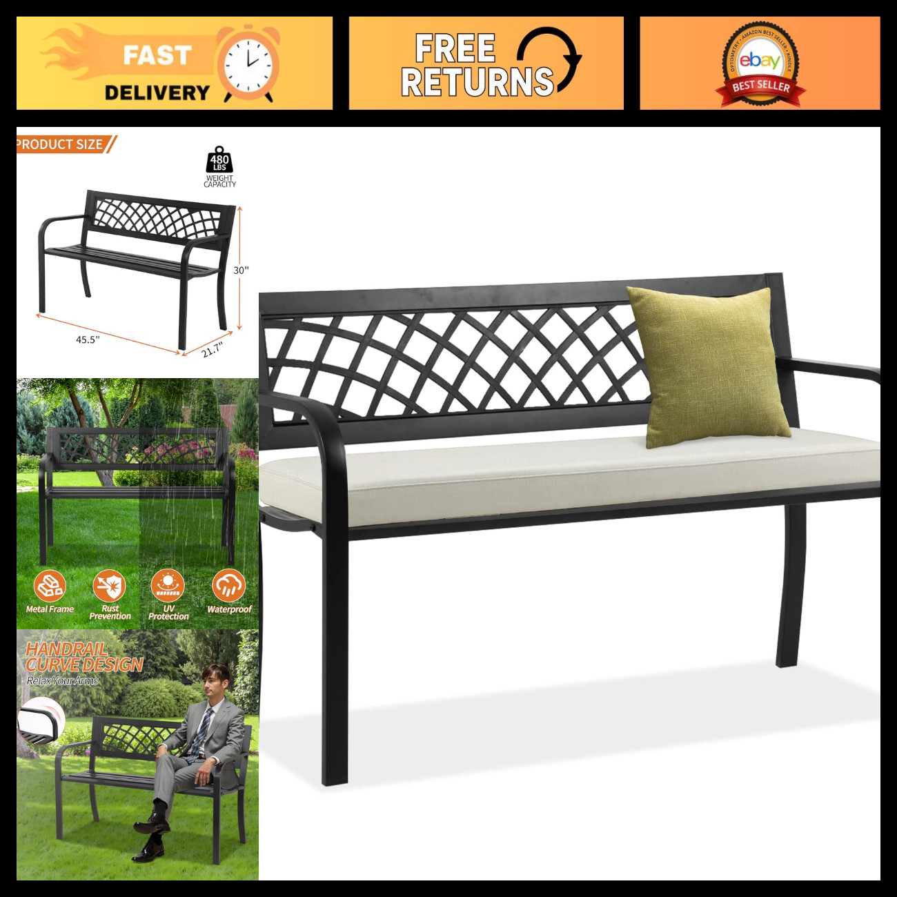 Weatherproof Outdoor Bench - Metal Patio Garden Seating, 480lbs Capacity, Grid B