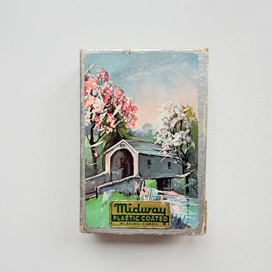 Vintage Arrco Midway Plastic Coated Playing Cards Covered Bridge Deck USA 1950s