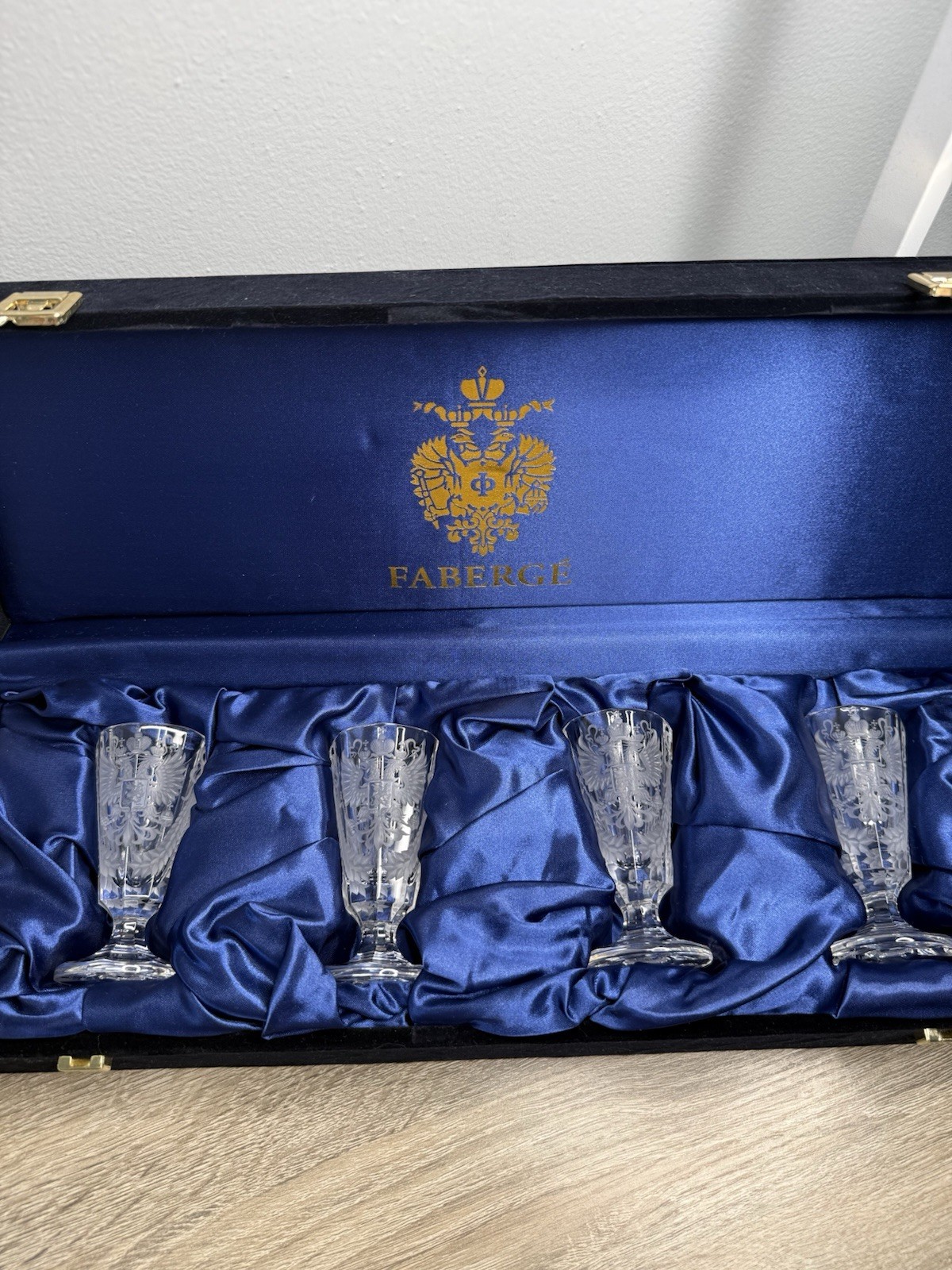 Fabergé Imperial Crystal Vodka Glass 4 Piece Set Romanov Eagle w/ Box COA
