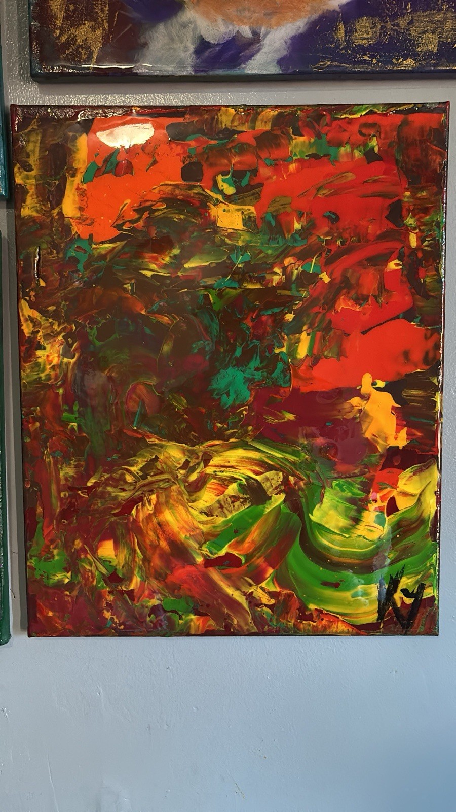 Signed Framed Abstract Canvas Painting - Red Green Yellow Art Theme, 1 Piece