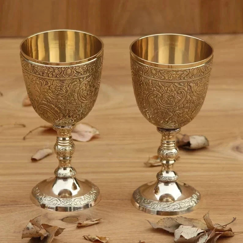 FATIMA Handmade Set Of 2 Royal King Embossed Goblet Design Brass Wine Glass