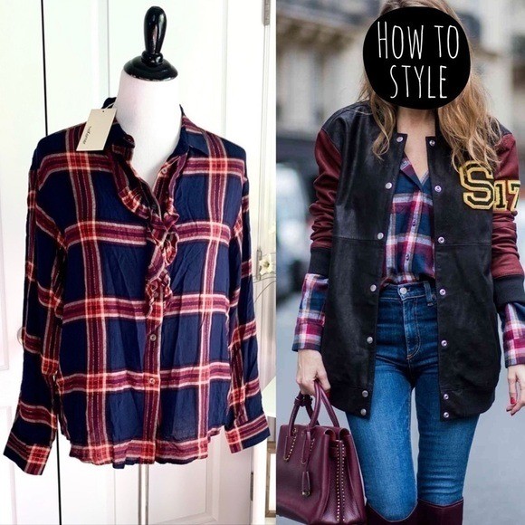 The Korner Plaid Shirt Size Small S Navy Red Gold Tinsel Ruffle Button Down