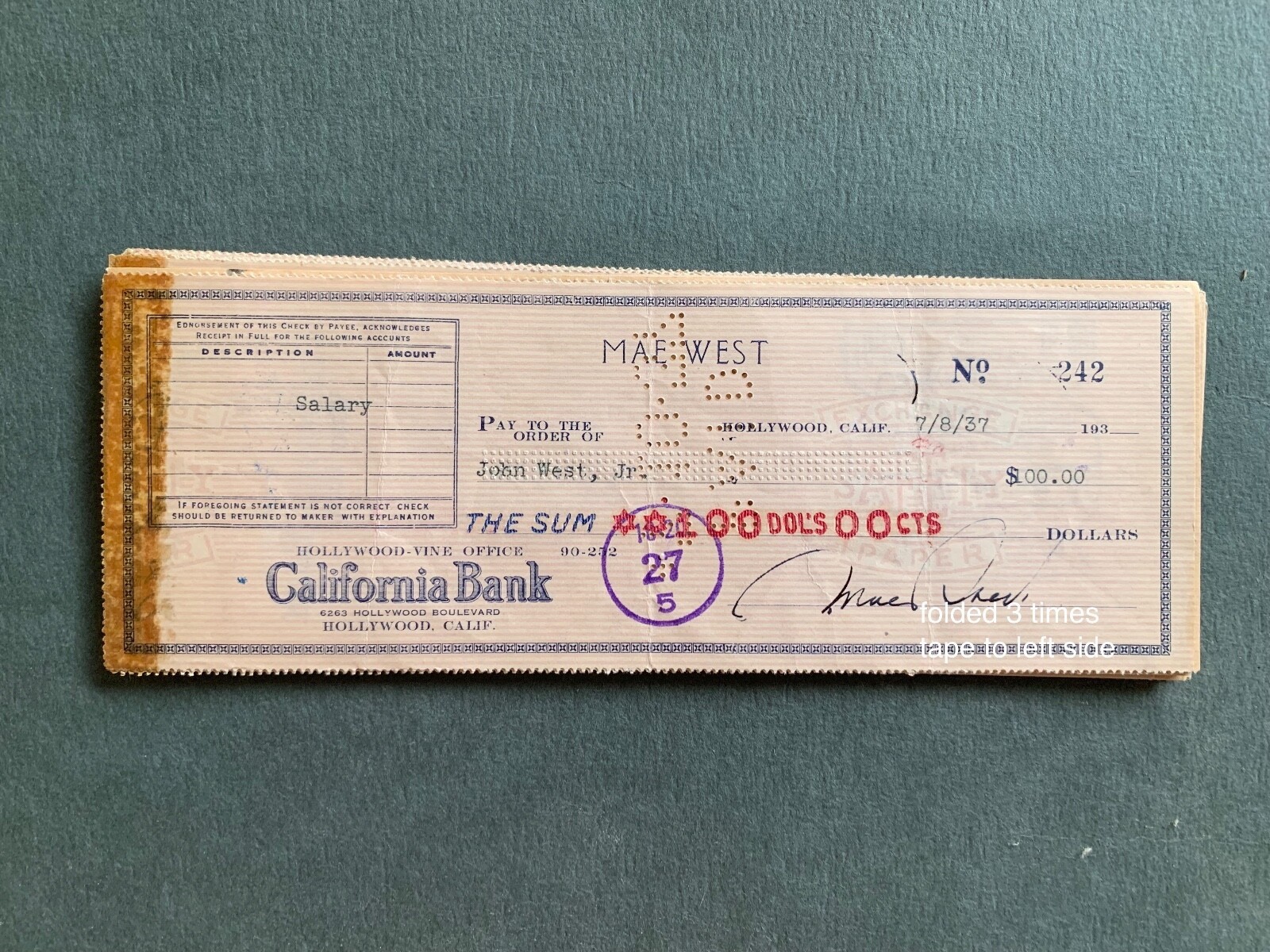 MAE WEST hand signed personal checks 1934, 1935, 1936, 1937, 1938 autograph