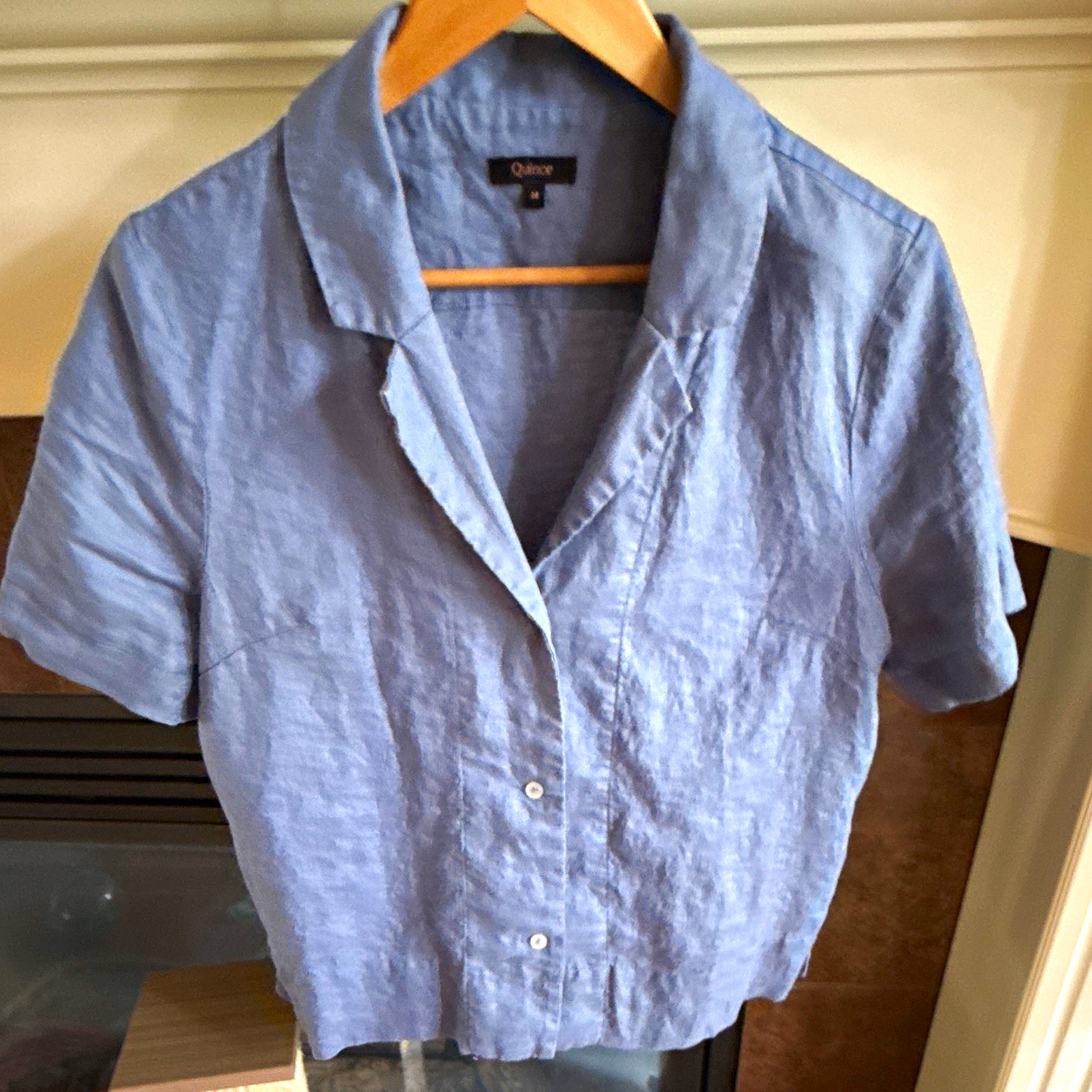 Quince Women’s 100% Linen Woven Solid Blue Short Sleeve Collared Button-Up M