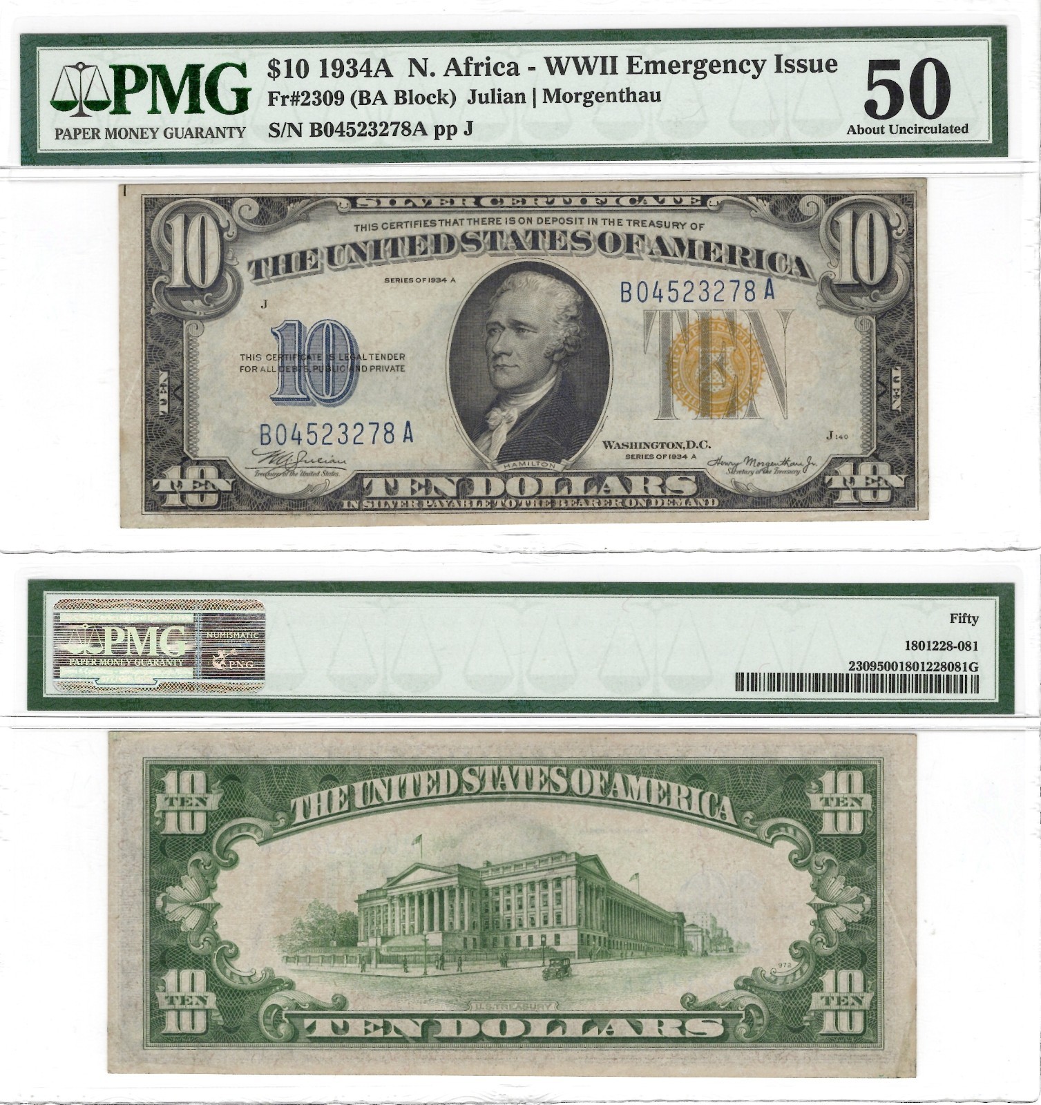 1934A  $10 PMG 50 Fr#2309 WWII Emergency Issue North Africa Silver Certificate