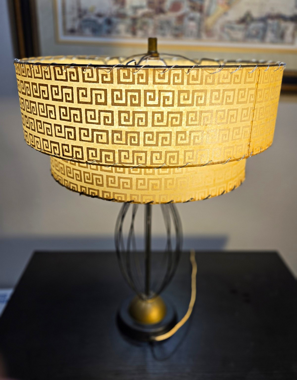 Vintage MCM Atomic Wire Onion Cage Table Lamp 2-Tier Geometric Greek Key Shade