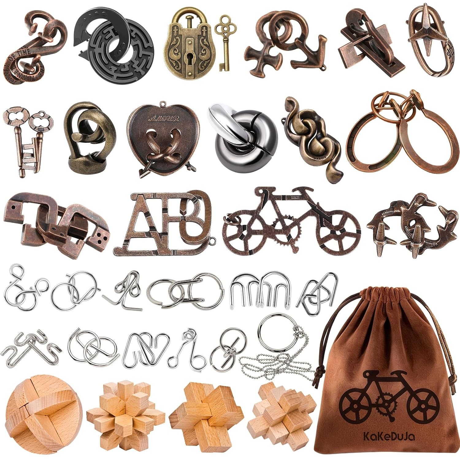 32 PCS Metal and Wooden Brain Teaser Puzzles 3D IQ Game Set for Adults Kids