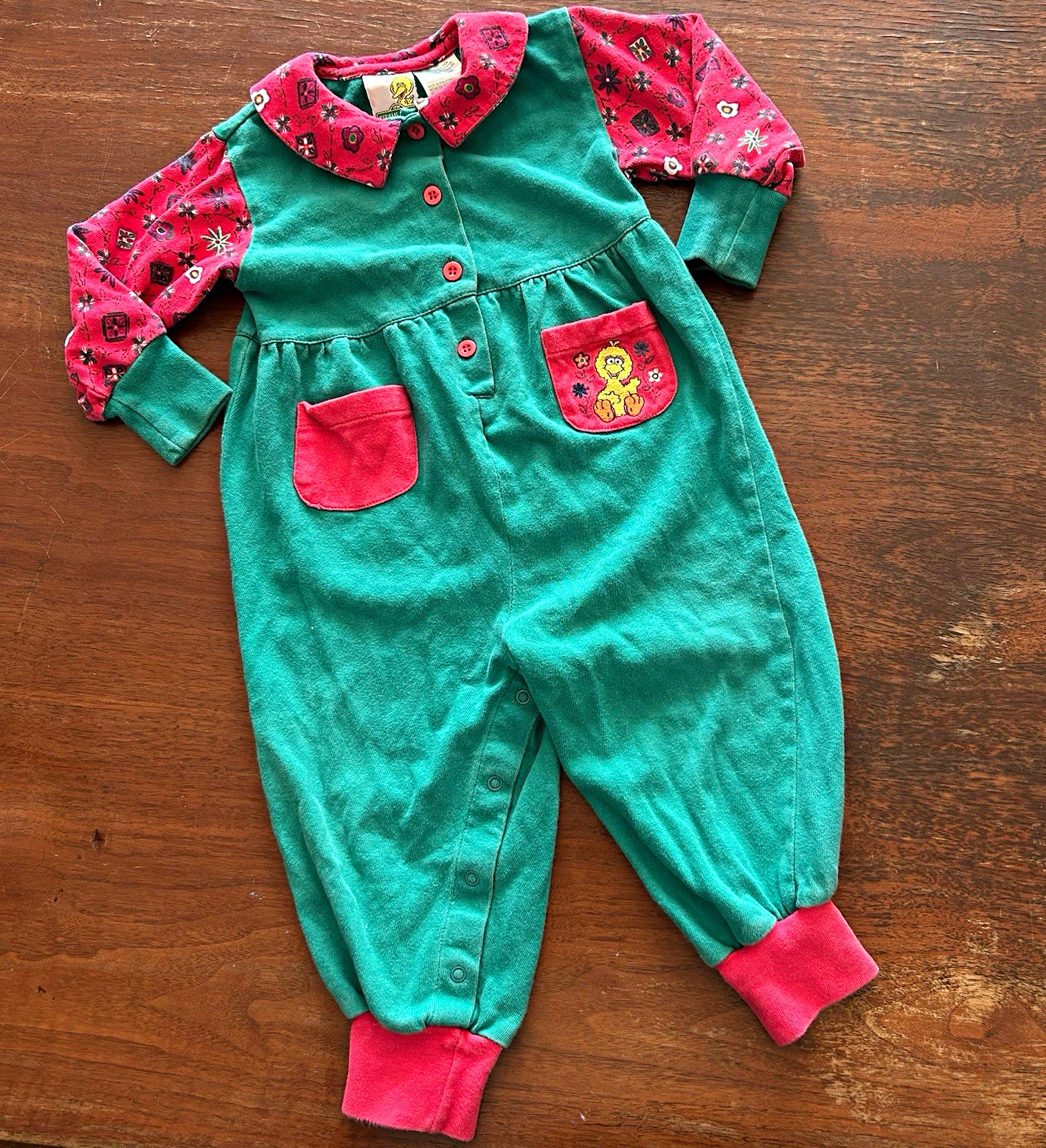 Vintage Sesame Street Big Bird Floral Long Sleeve One-Piece Coverall 24M Vintage Sesame Street Big Bird Floral Long Sleeve One-Piece Coverall 24M