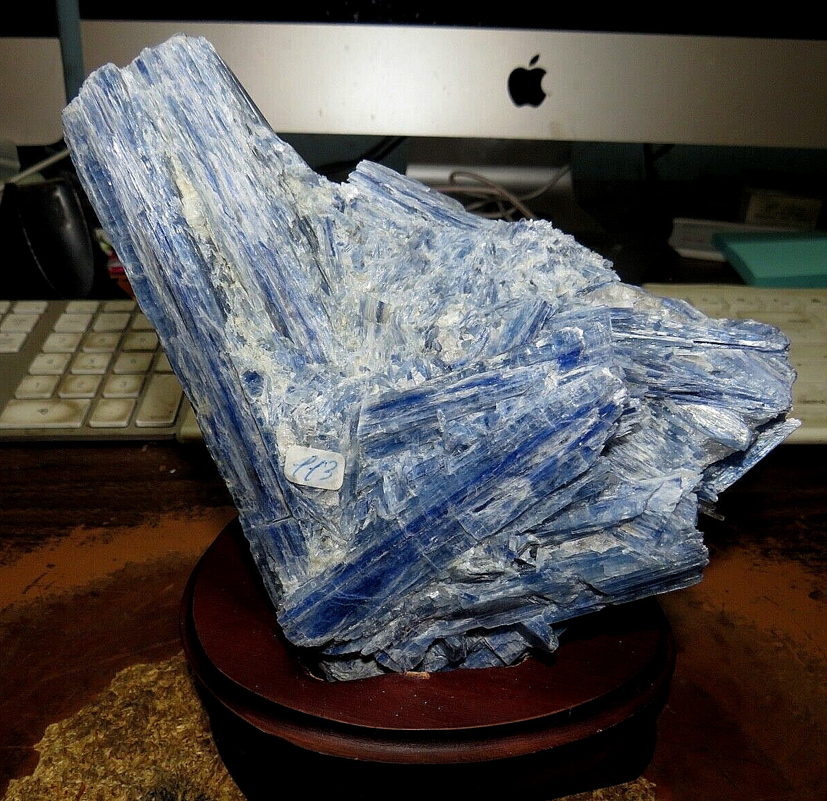 GORGEOUS HUGE SPECIMEN OF BLUE KYANITE IN A WOOD STAND