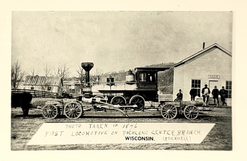 RPPC Photo Postcard 1876 Richland Center WI Narrow Gauge Locomotive Oxen Train