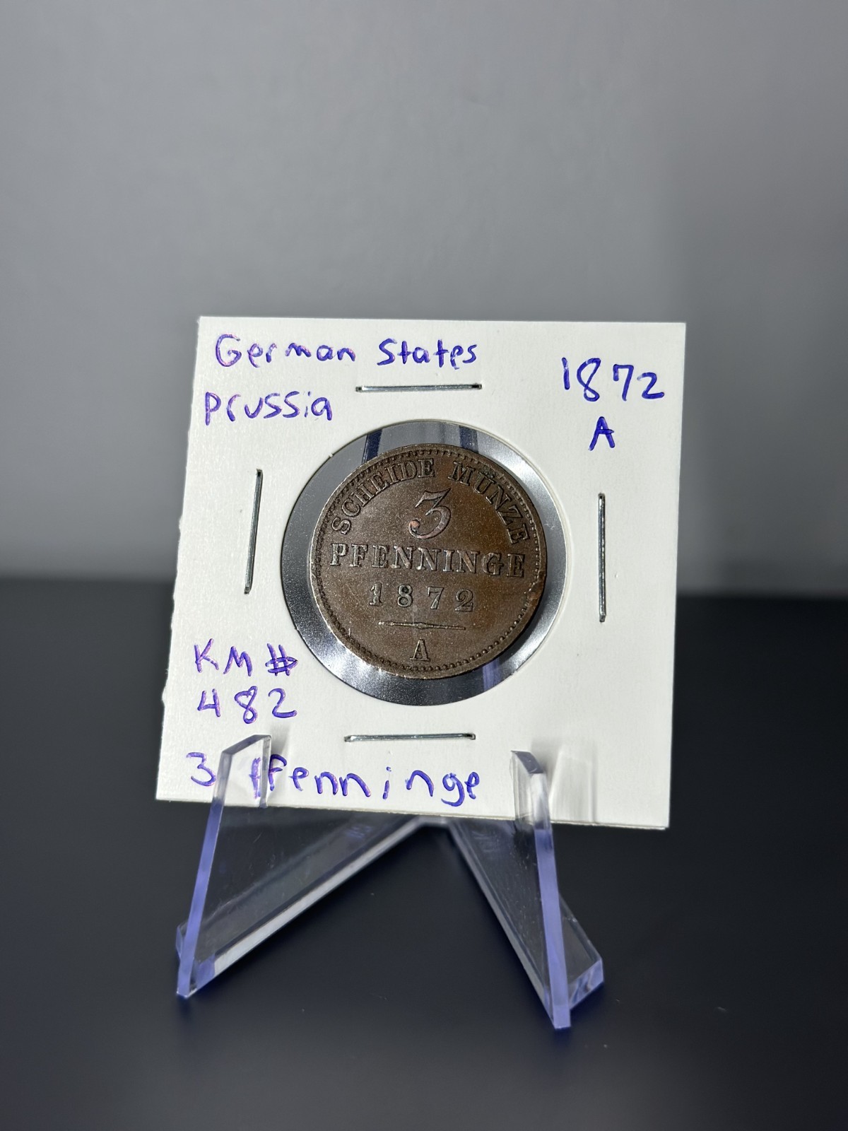 1872-A Prussia 3 Pfennige Coin – Wilhelm I – Copper – Berlin Mint KM#482