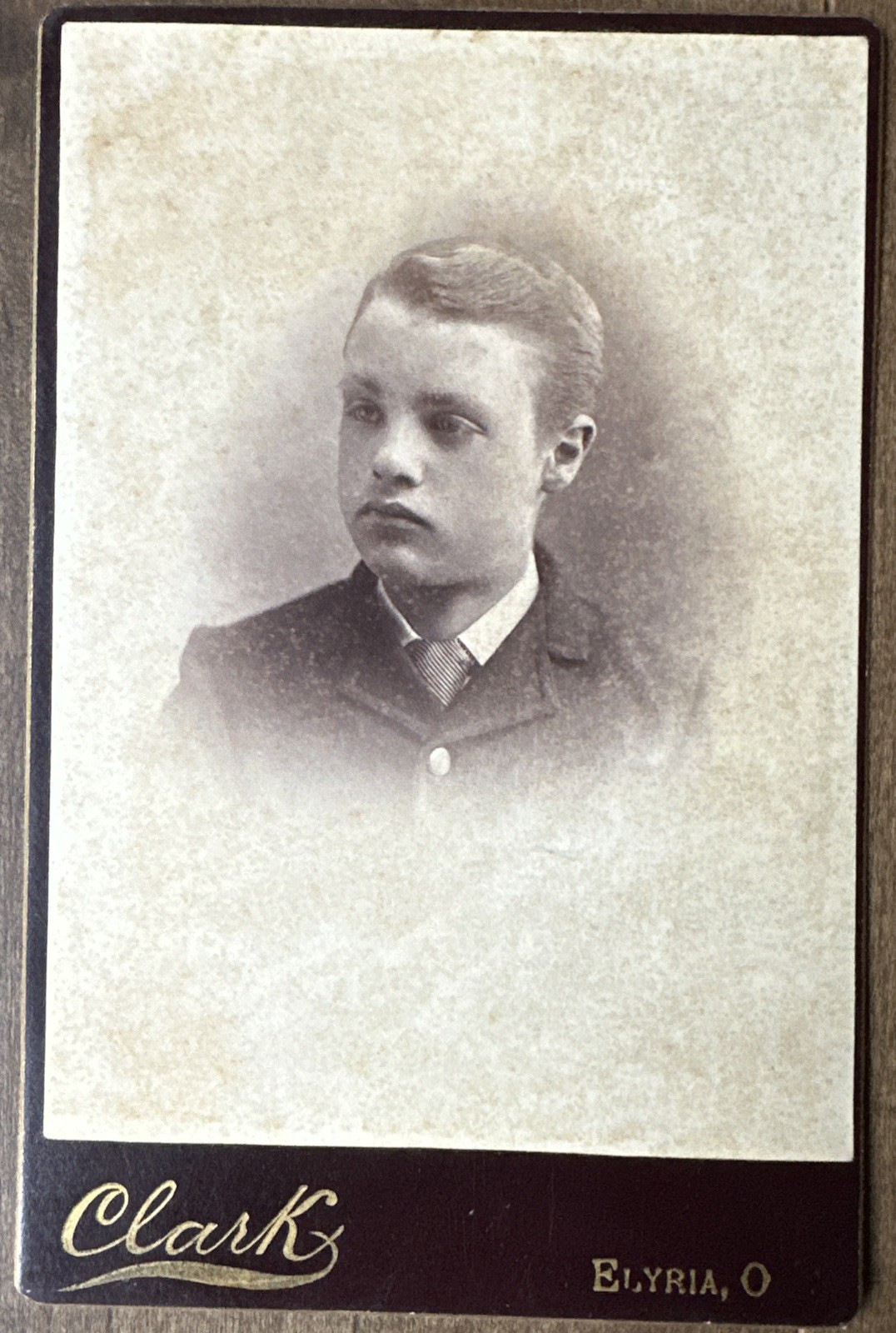 Antique 1890s Cabinet Card Photo Young Boy Clark Photographer Elyria Ohio