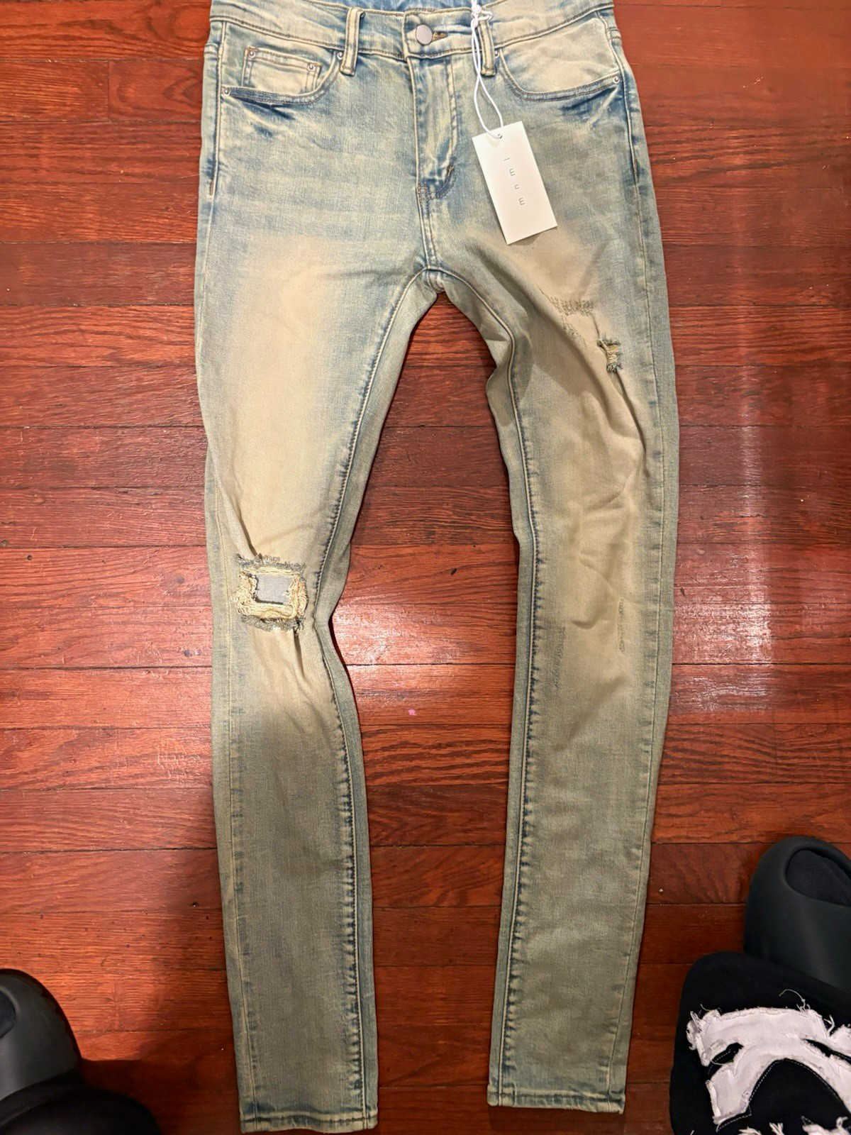 mnml Men\'s Skinny Slim Fit Light Wash Blue Distressed Denim Jeans 5-Pocket 29