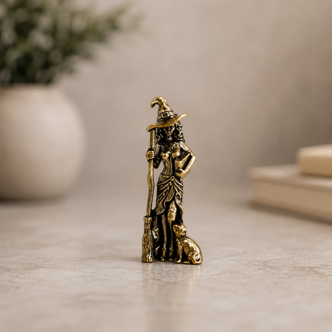 Handmade Brass Witch Figurine With Cat Broom Decor Halloween Pagan Gift 2 5 Inch