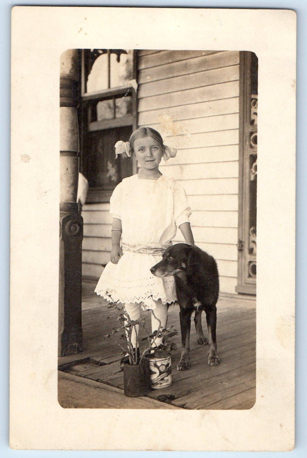c1910\'s Young Girl With Her Dog House Porch RPPC Photo Antique Postcard c1910\'s Young Girl With Her Dog House Porch RPPC Photo Antique Postcard