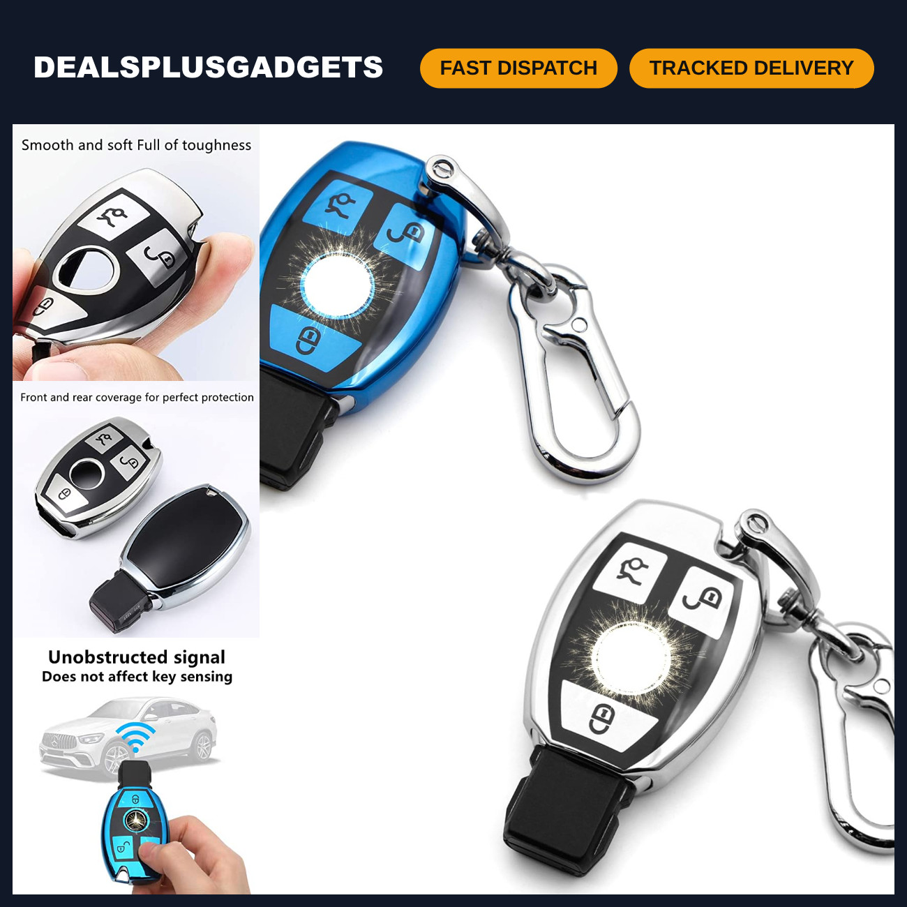 Stylish Silver & Blue Key Cover and Keychain for Mercedes Benz - Creative Access
