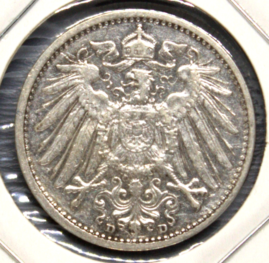 German Empire 1909 D - 1 Mark .90 SILVER ,KM# 14 -  81