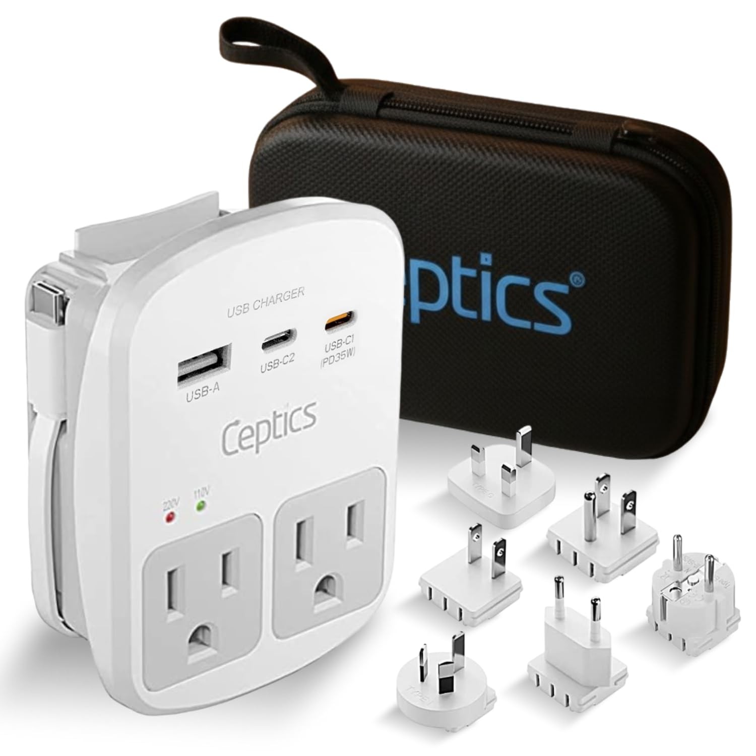 Ceptics 35W Universal Travel Adapter Kit – 2 USA sockets, USBA, USBC, 1x PD 3... Ceptics 35W Universal Travel Adapter Kit – 2 USA sockets, USBA, USBC, 1x PD 3...