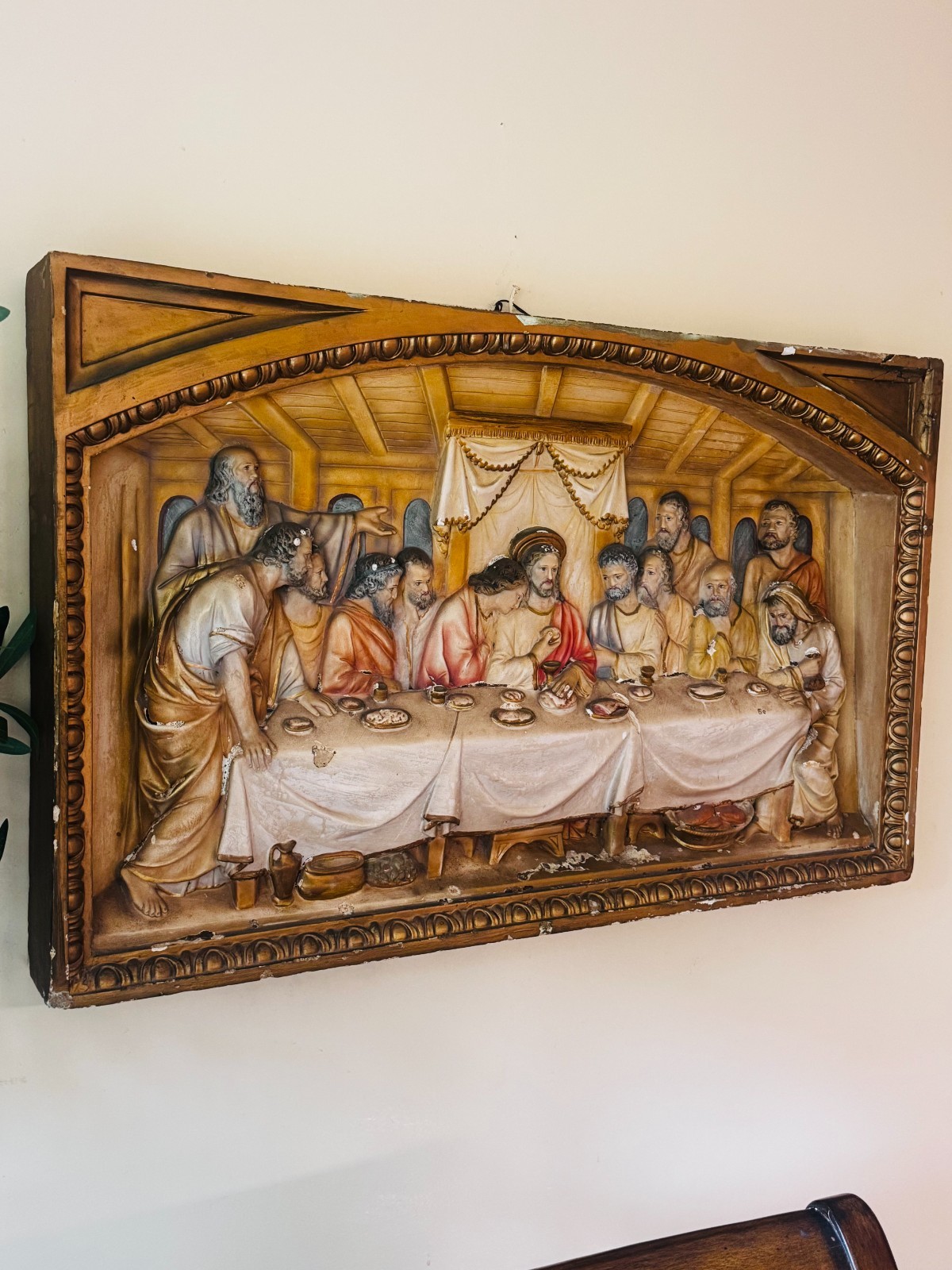 Vintage 3D Last Supper High-Relief Wall Plaque | Ornate Architectural Frame