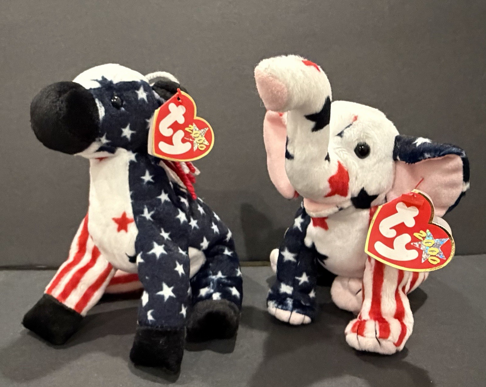 TY Beanie Baby Lefty & Righty 2000 Donkey Elephant Patriotic Pair With Tags